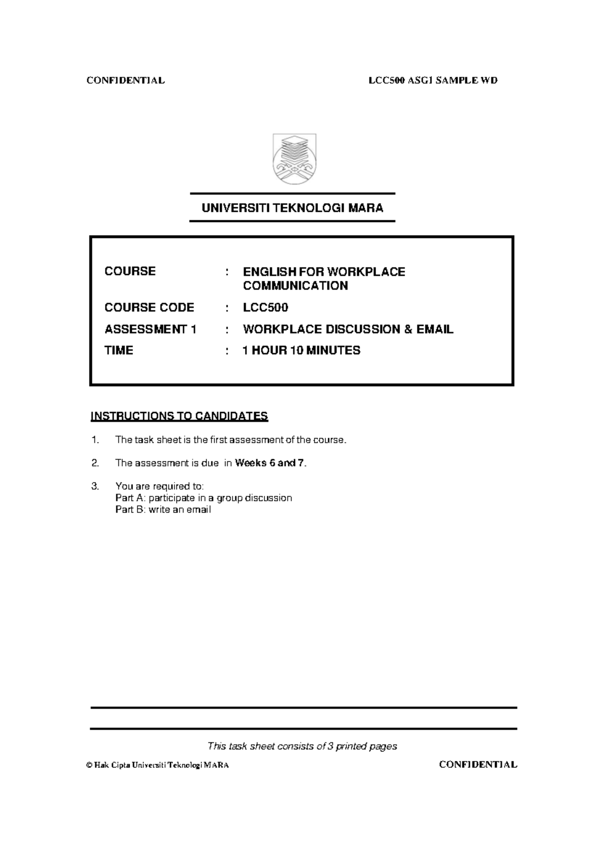LCC500 ASG1 Sample: Workplace Discussion & Email Writing Guide - Studocu