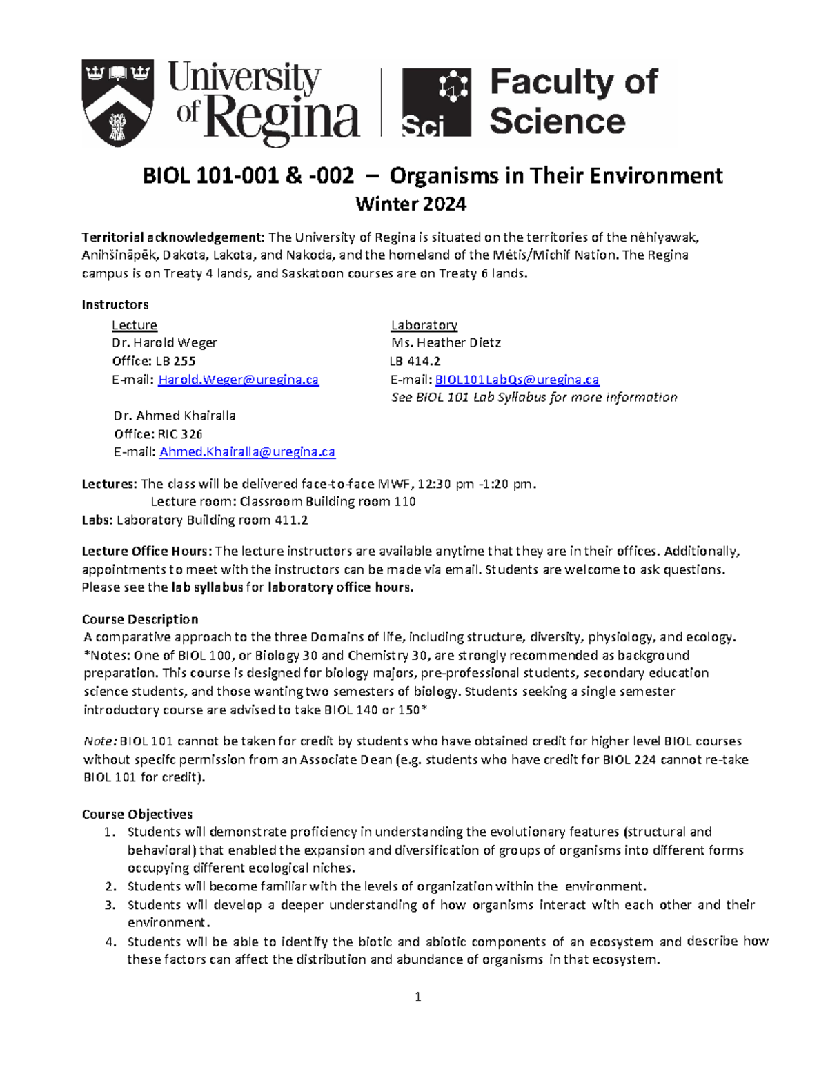 BIOL101-Winter 2024 Course Outline and Lab Schedule Overview - Studocu
