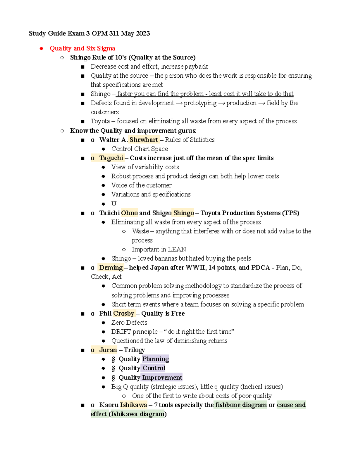 OPM 311 Study Guide for Exam 3 - Quality and Six Sigma Concepts - Studocu