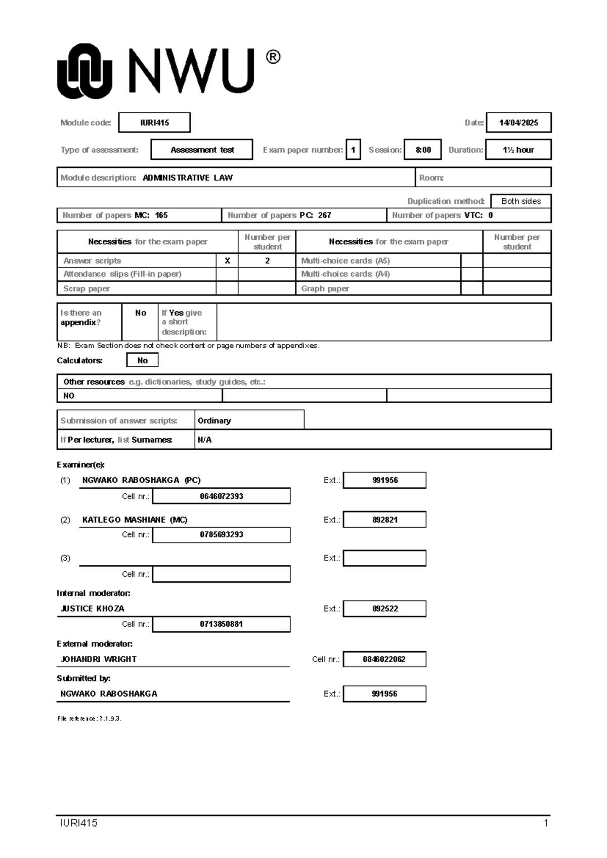 IURI415 Test 2 2025 Marking Guidelines and Assessment Procedures - Studocu