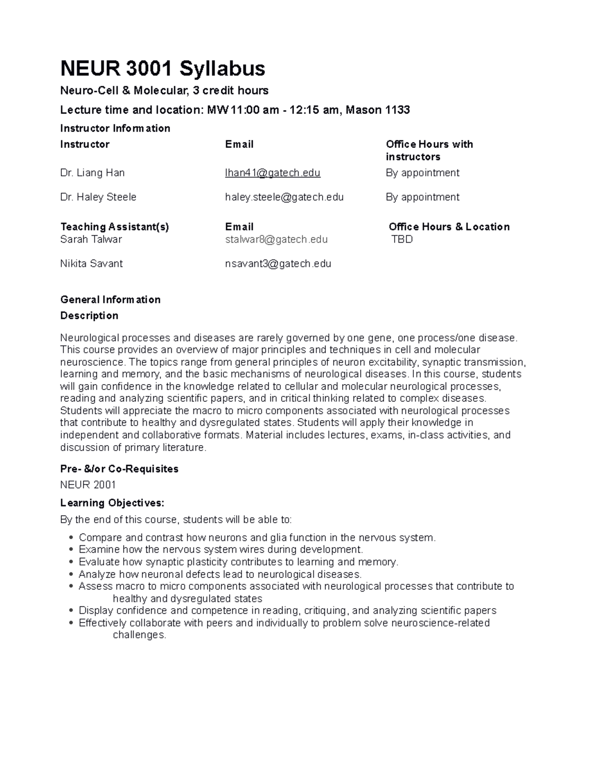 NEUR 3001 Spring 2023 Comprehensive Course Syllabus and Expectations ...