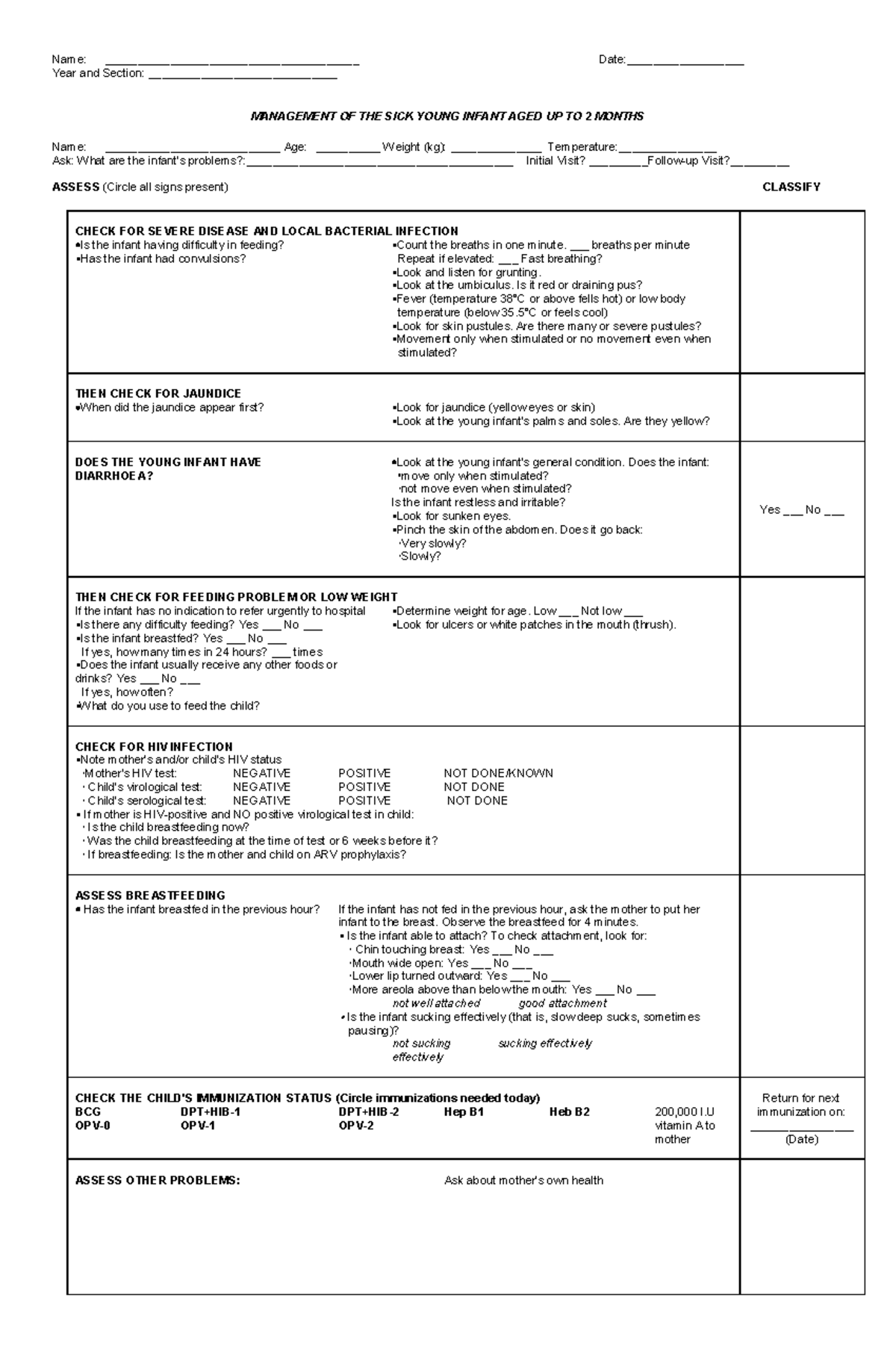 Management of Sick Young Infants (0-2 Months) - IMCI Form - Studocu