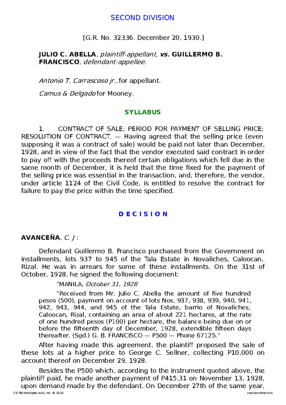 Abella v. Francisco - Case No. G.R. 32336 Full Transcript Analysis ...