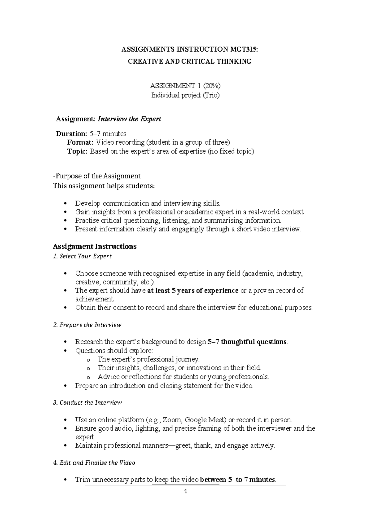 MGT315: Creative & Critical Thinking Assignments Overview - Studocu