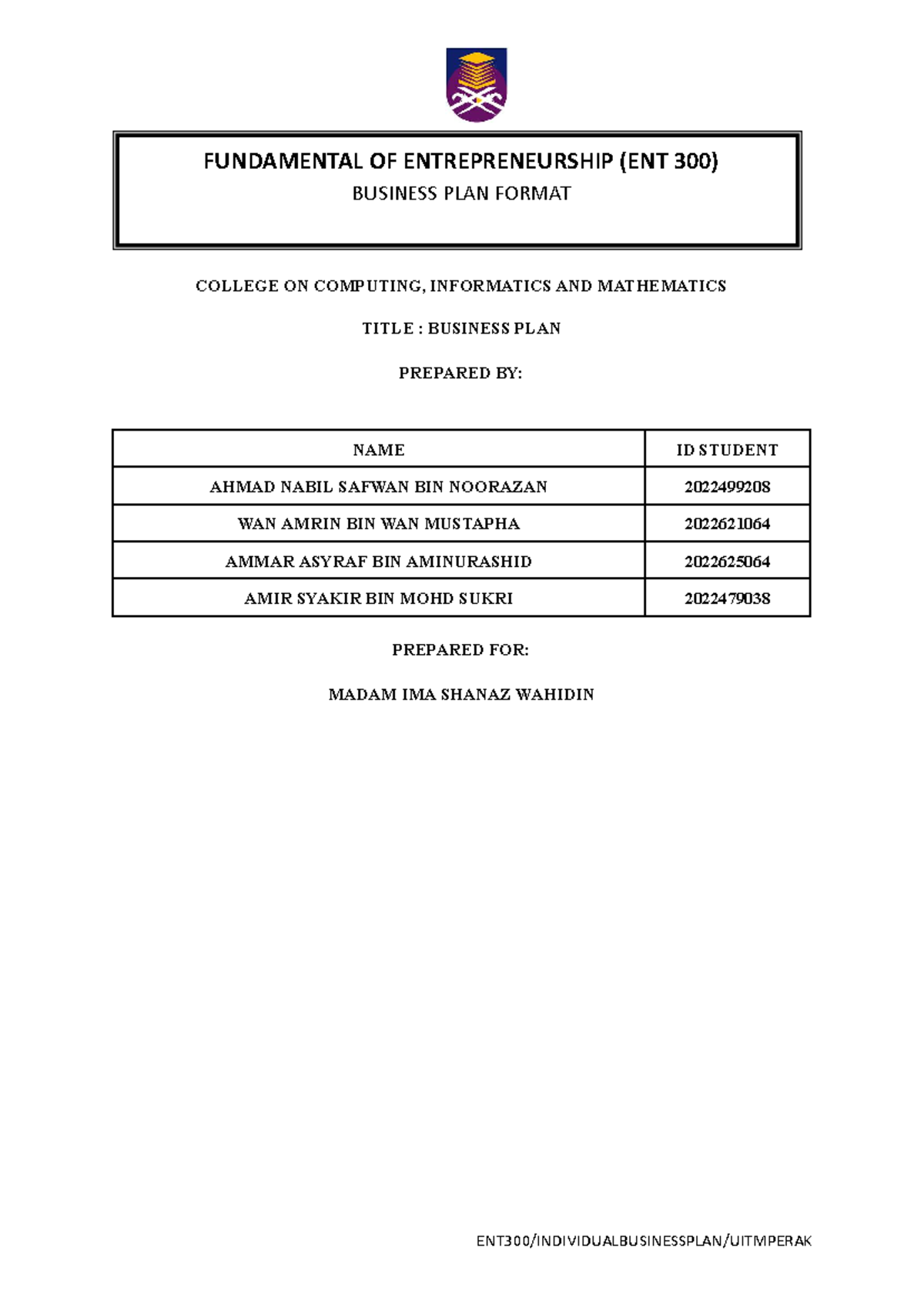 ENT 300 Business Plan Format: Treasure Trove Enterprise - Studocu
