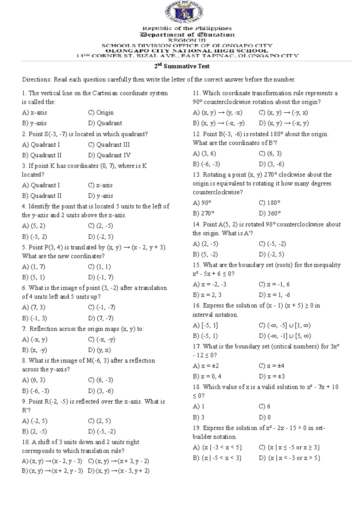 Grade 10 Math 2nd Summative Test: Coordinate Geometry & Functions - Studocu