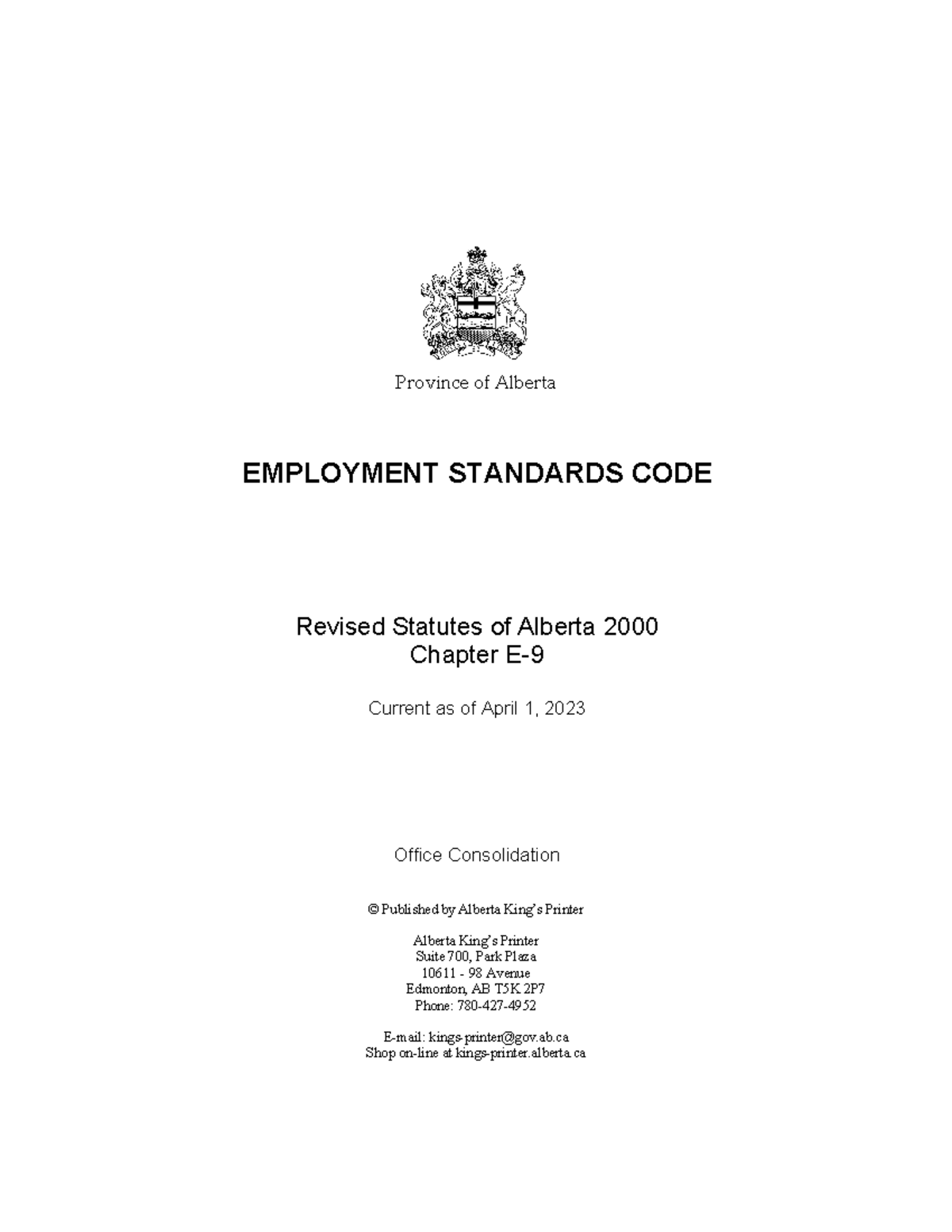 Alberta Employment Standards Code: Revised Statutes (April 2023) - Studocu