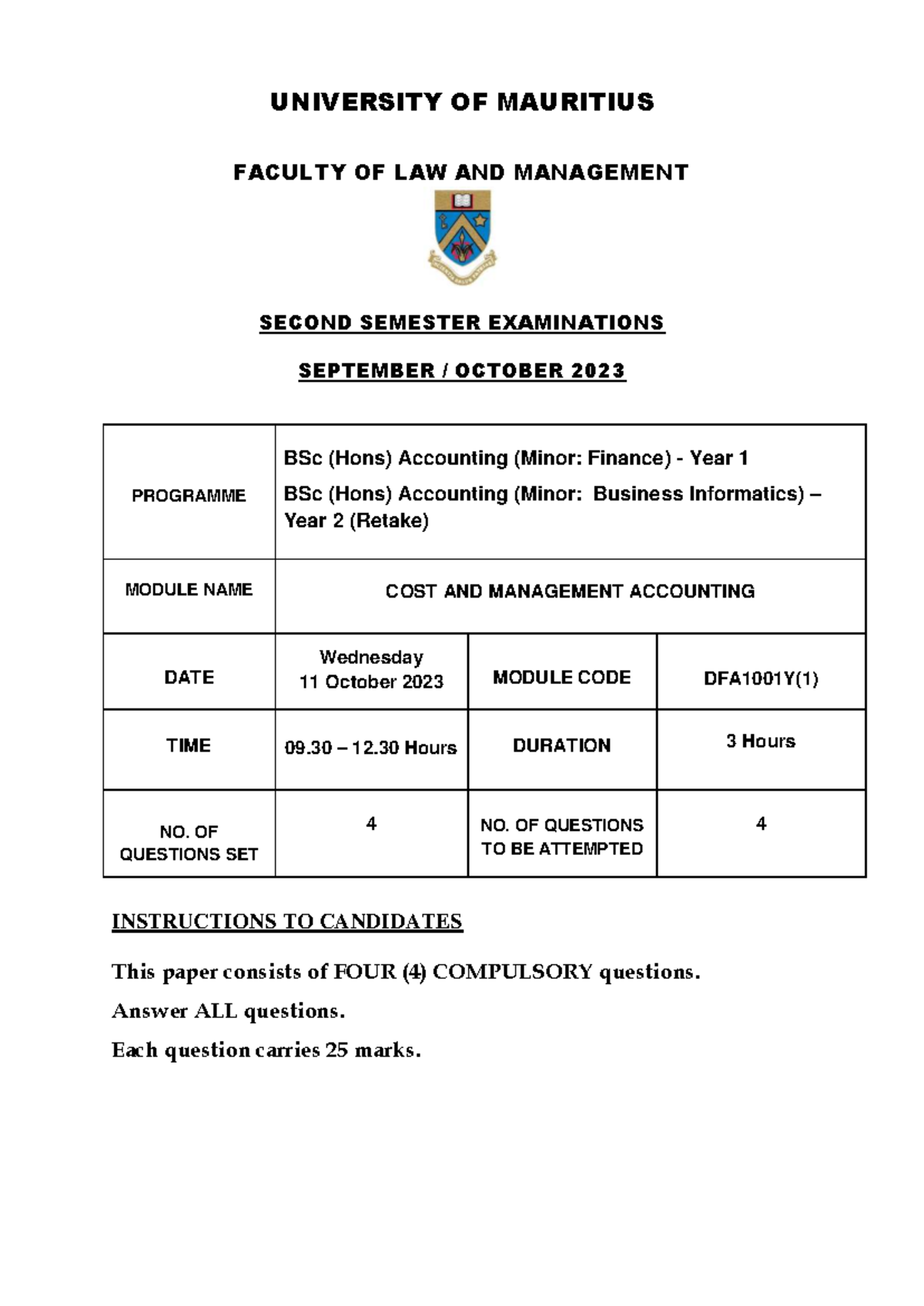DFA1001Y(1) 2023 Cost & Management Accounting Exam Practice Paper - Studocu