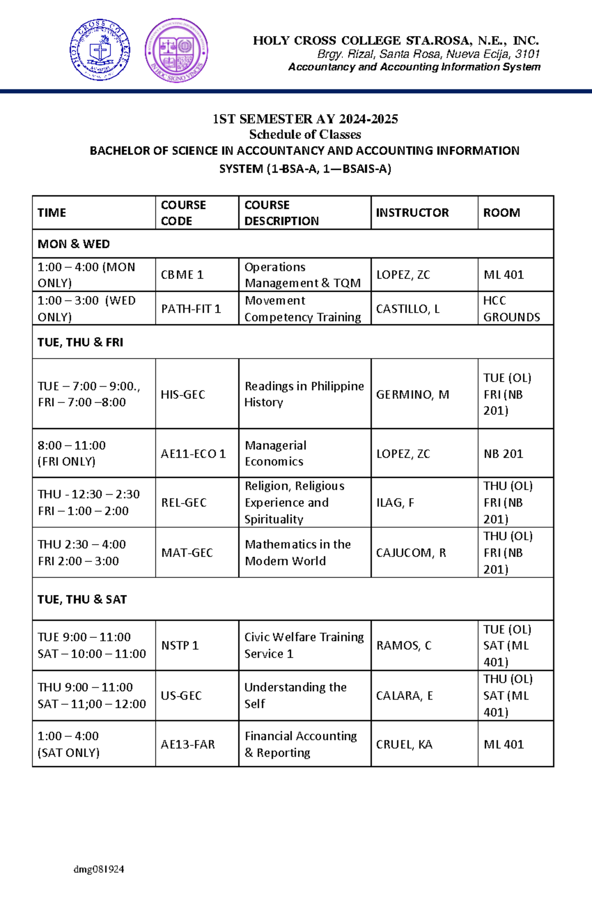 BSA- Schedule of Classes for 1st Semester AY 2024-2025 (F2F OL) - Studocu