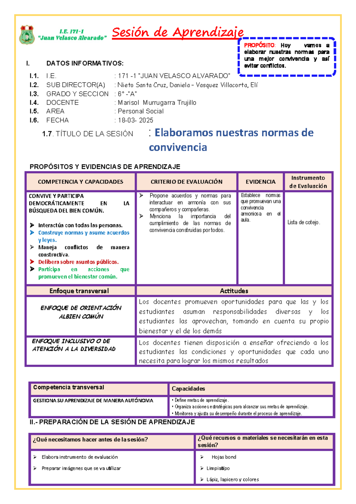 Sesión de Aprendizaje I: Normas de Convivencia en Personal Social 2025 ...