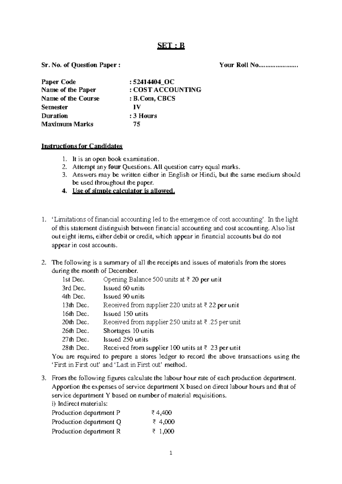 COST ACCOUNTING (B.Com, CBCS IV) - Question Paper Solutions - Studocu