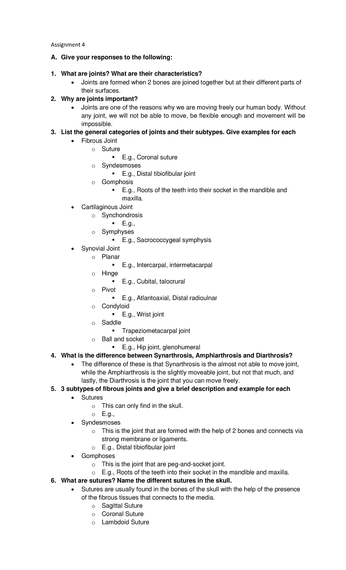 Assignment 4 - study guide - Assignment 4 A. Give your responses to the ...