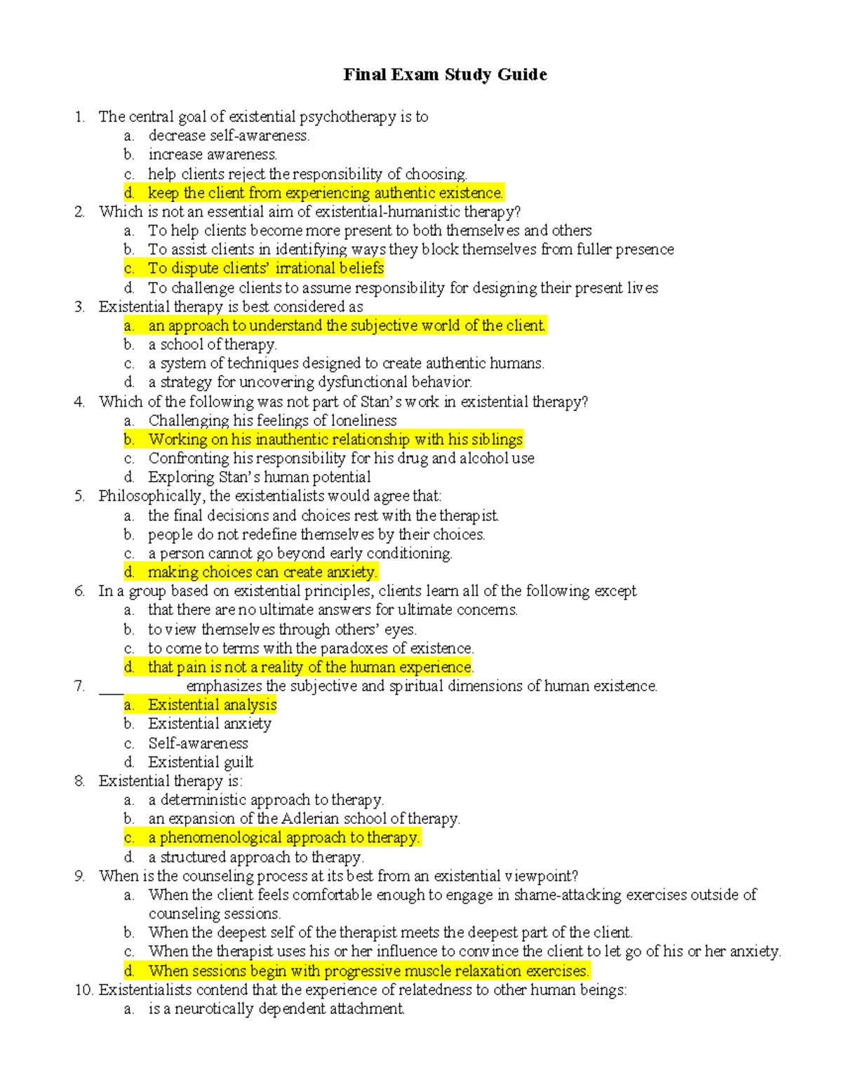 Final Exam Study Guide for Existential Psychotherapy (Course Code: PSY ...
