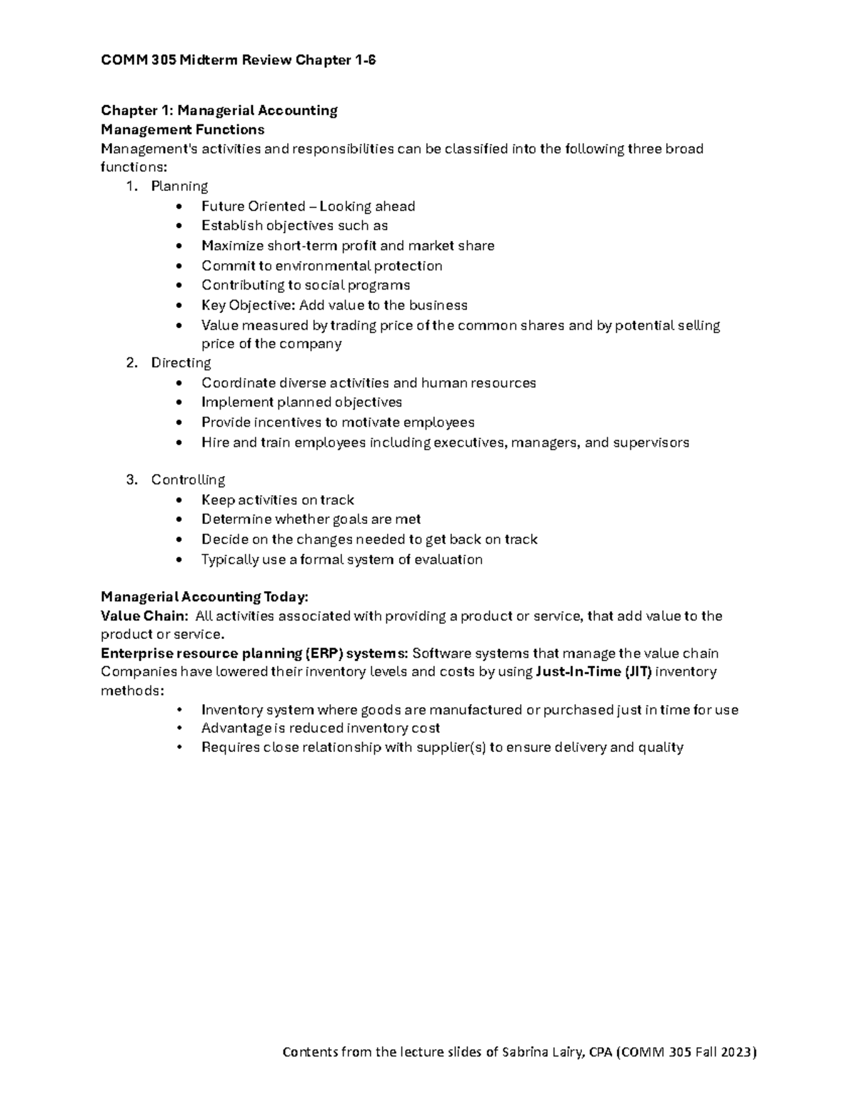 305 Managerial Accounting Midterm Review Notes and Concepts - Studocu