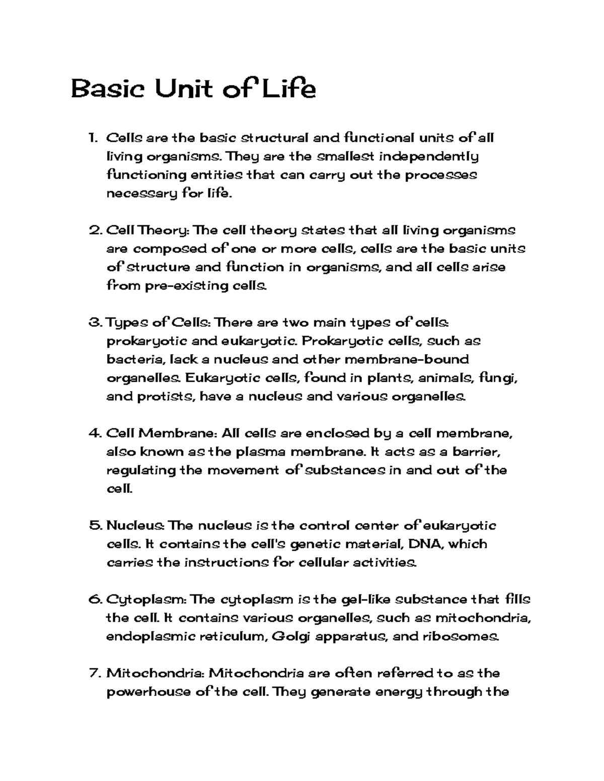 BIO101: Basic Unit of Life - Freshman Year Notes on Cells - Studocu