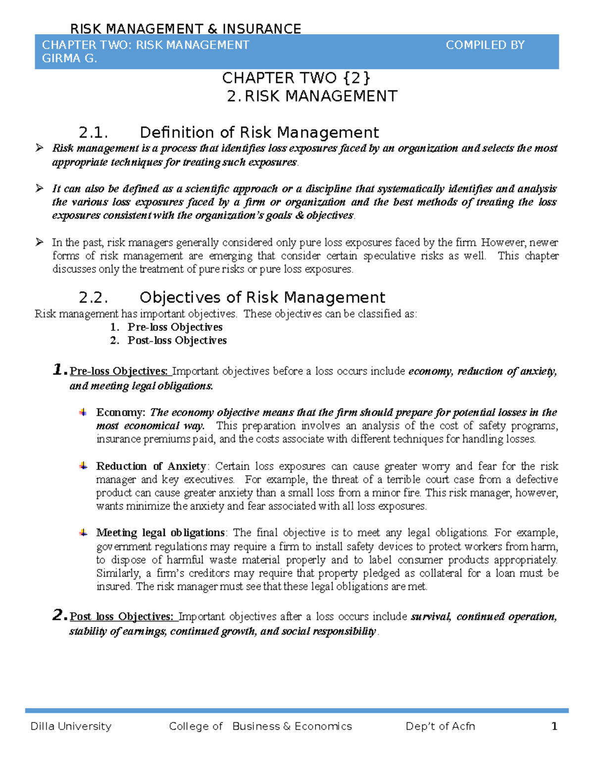 RMI CH2 - Comprehensive Insights on Risk Management & Insurance - Studocu