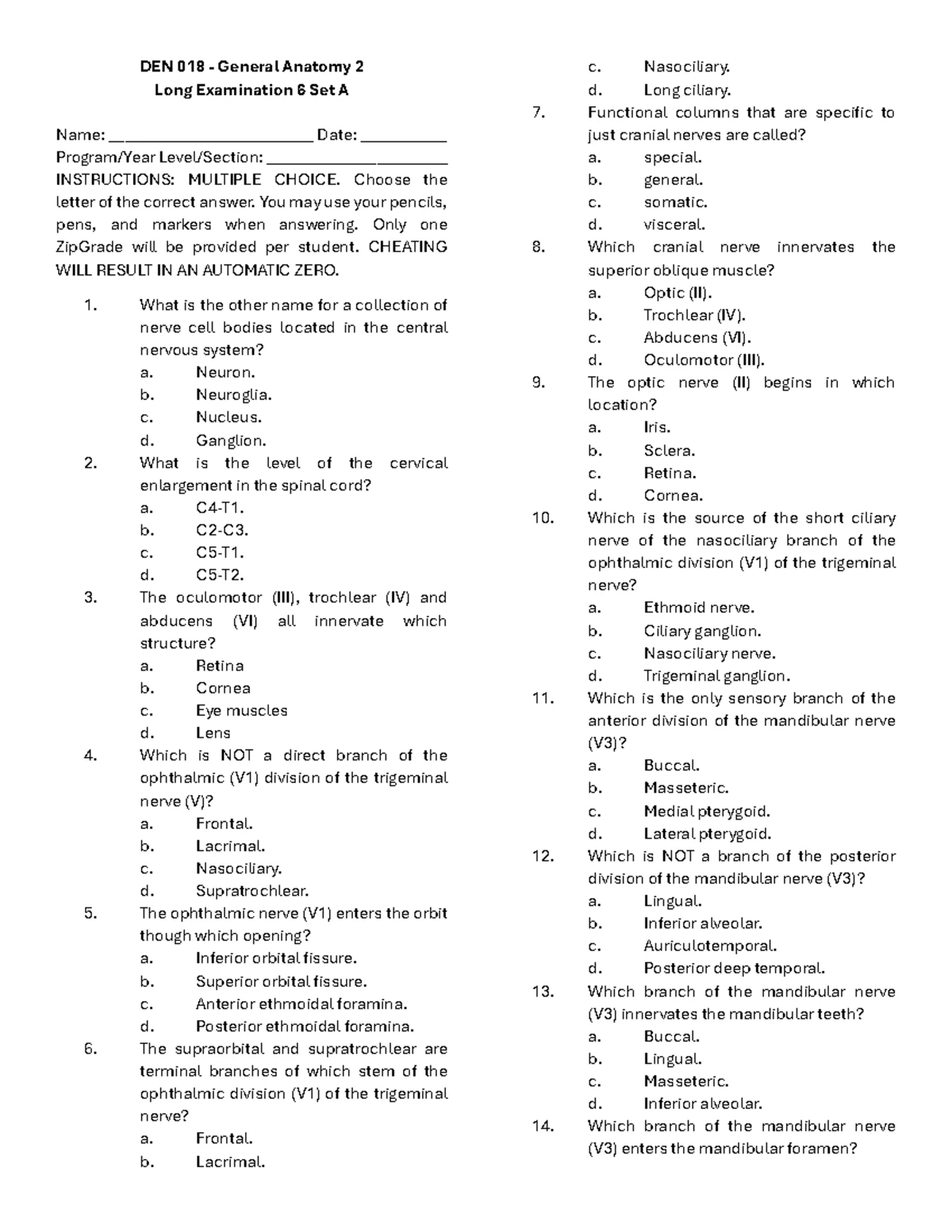 EN General Anatomy 2 Long Exam 4 Set A - Multiple Choice Questions ...