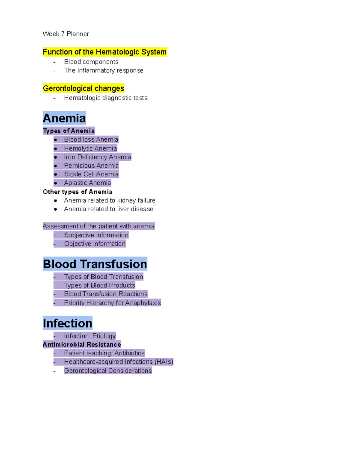 Week 7 Planner: Hematologic System & Anemia Overview - Studocu
