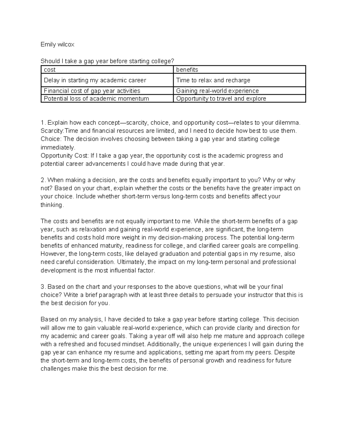 ECO 1.02 Assignment: Gap Year Decision Analysis and Insights - Studeersnel