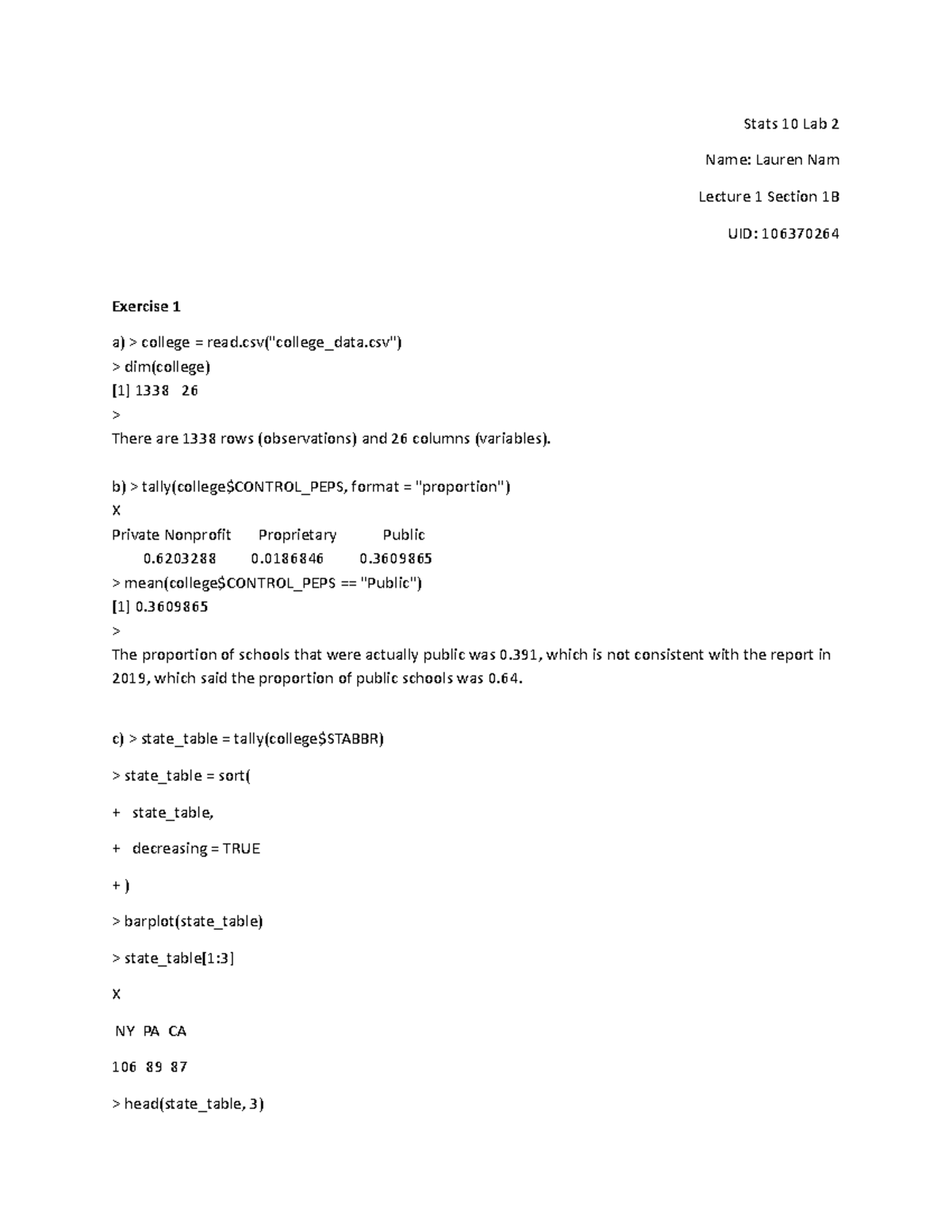 Stats 10 Lab 2: R Code Analysis and Findings by Lauren Nam - Studocu