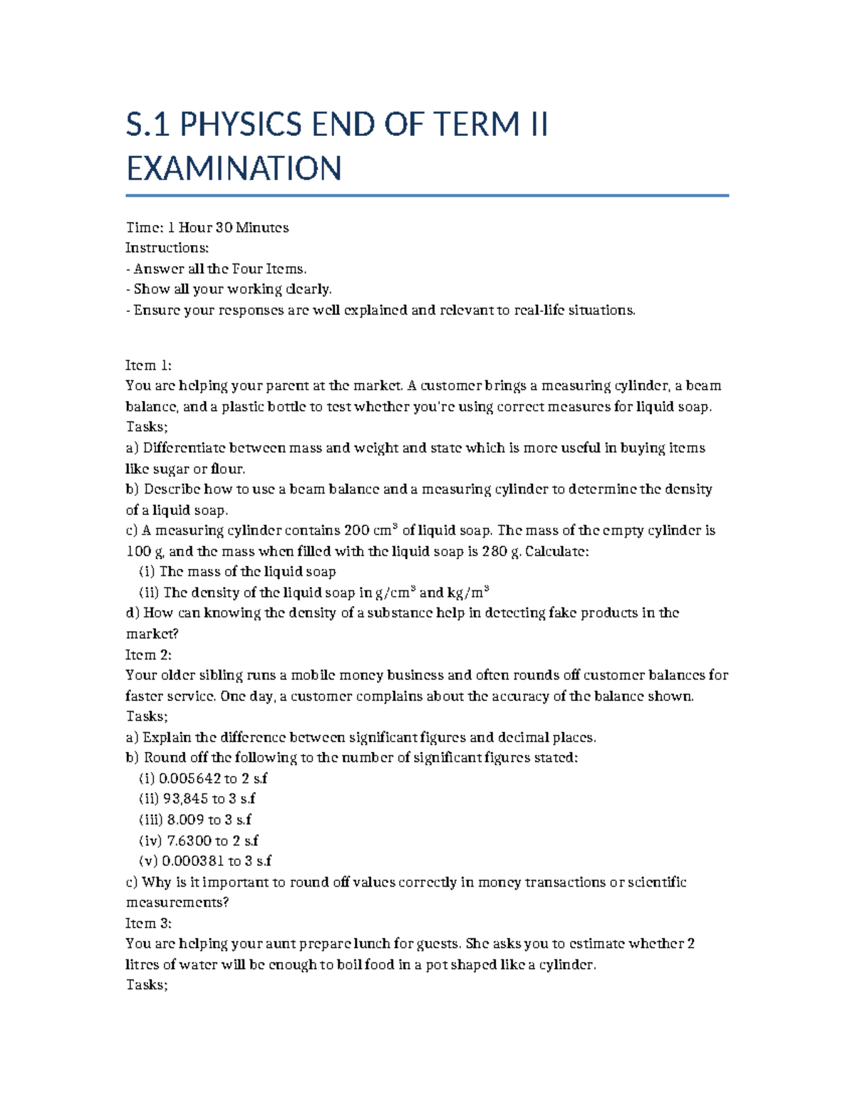 S.1 PHYSICS END OF TERM II EXAM 2025: Key Concepts & Problem Solving ...