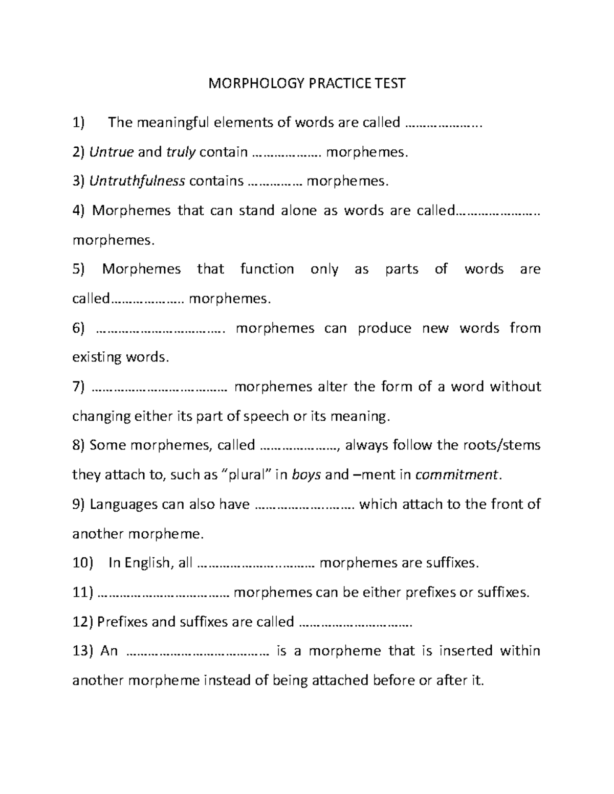 Morphology Practice Test: Key Concepts and Exercises - Studocu