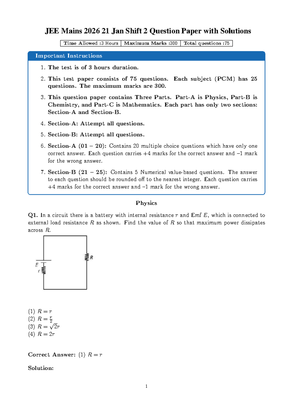 JEE Mains 2026: 21 Jan Shift 2 Question Paper & Solutions - Studocu