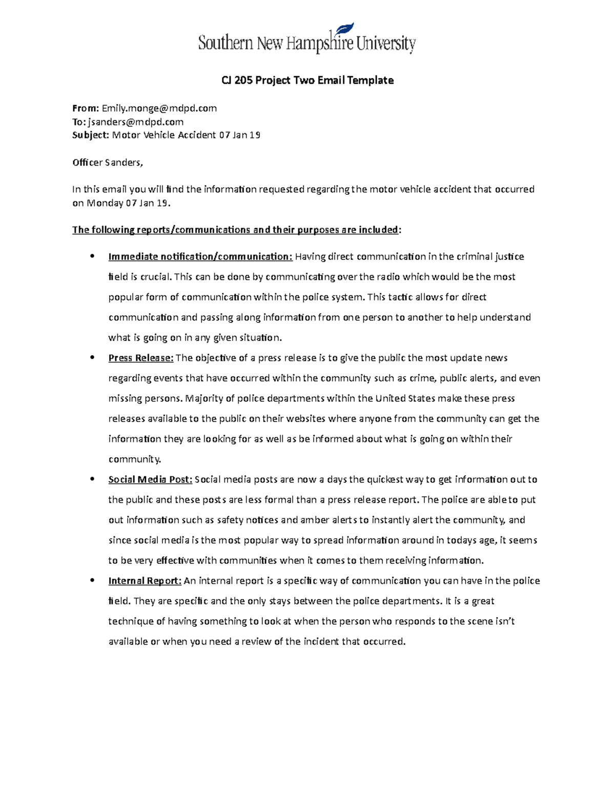 CJ 205 Project Two Email: Motor Vehicle Accident Communications ...