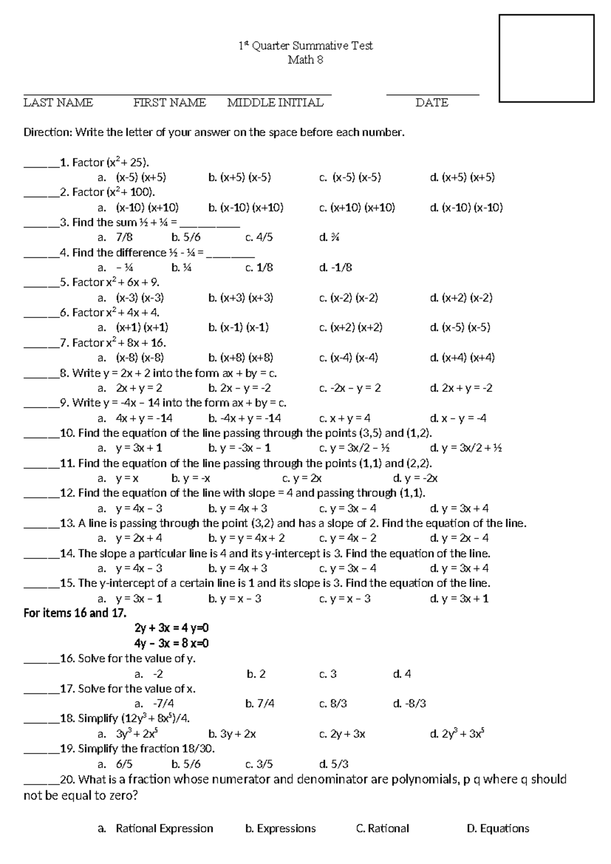 Grade 8 Exam1 - Math8 - 1 st Quarter Summative Test Math 8 - Studocu