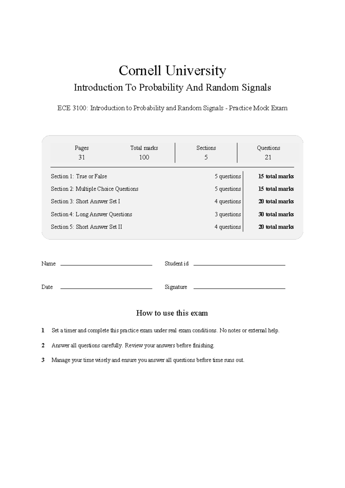 ECE 3100: Probability & Random Signals Practice Mock Exam 2026 - Studocu