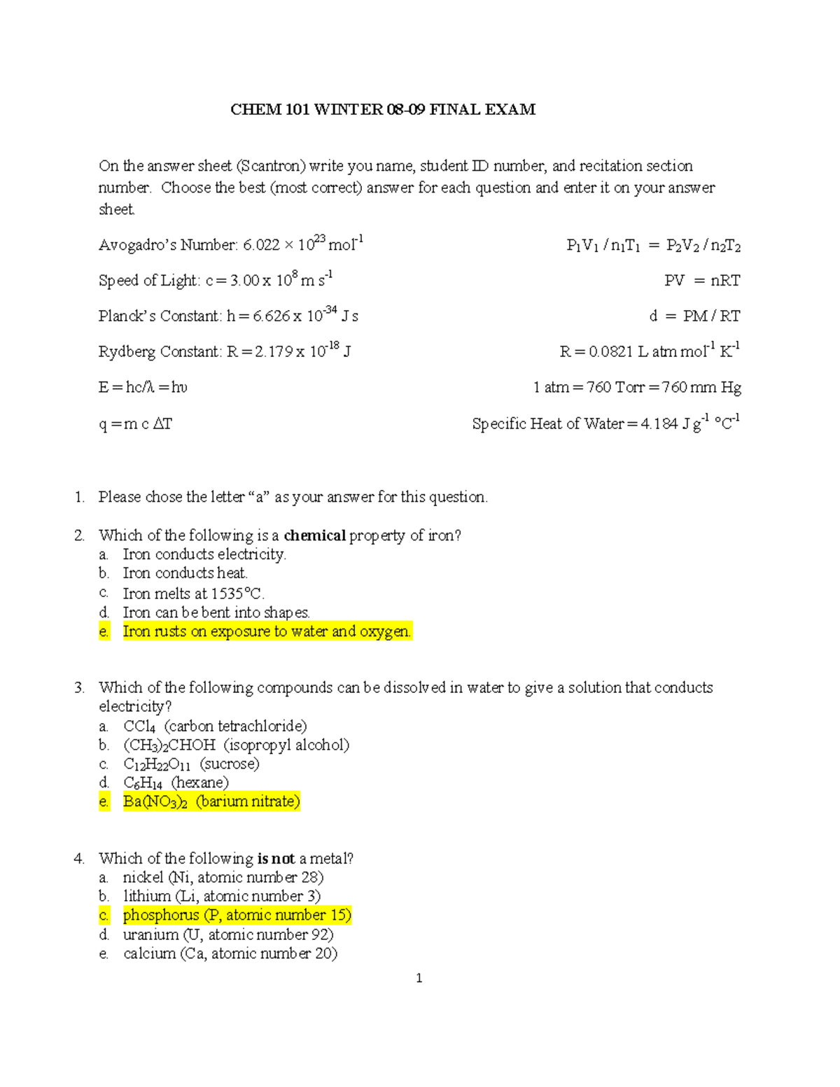 CHEM 101 WINTER FINAL EXAM 08-09: Complete Answer Key - Studocu