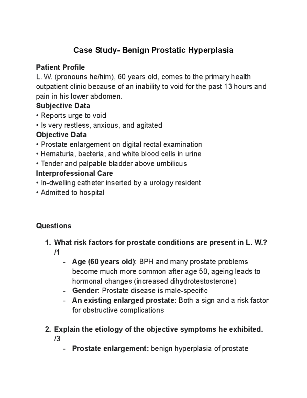 Nursing Theory Case Study 2: Benign Prostatic Hyperplasia in L.W. - Studocu