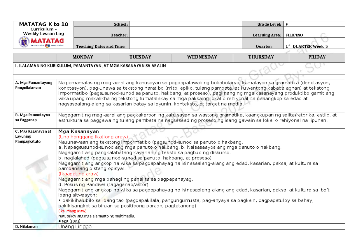 DLL Filipino 5 Q1 W5: Weekly Lesson Log for Filipino Language - Studocu