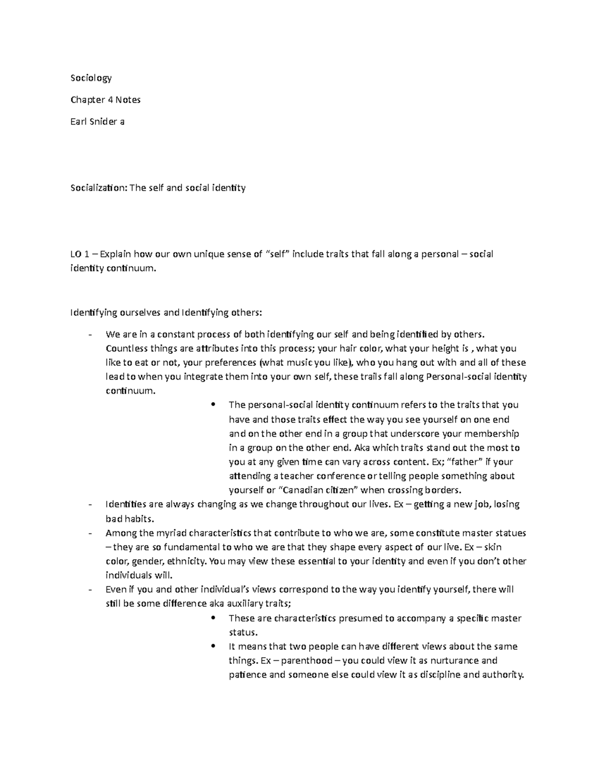 Chapter 4 Sociology - Lecture Notes on Socialization and Self-Identity ...