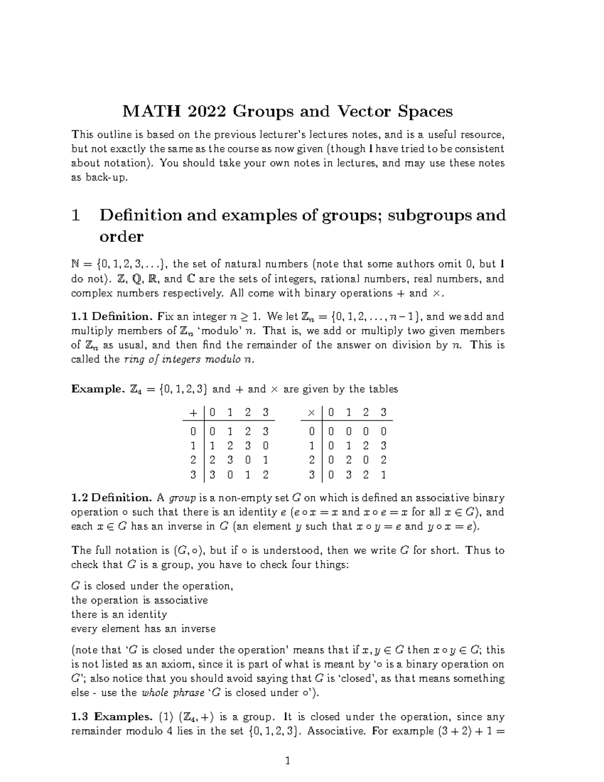 Groups year 1 notes - MATH 2022 Groups and Vector Spaces This outline ...