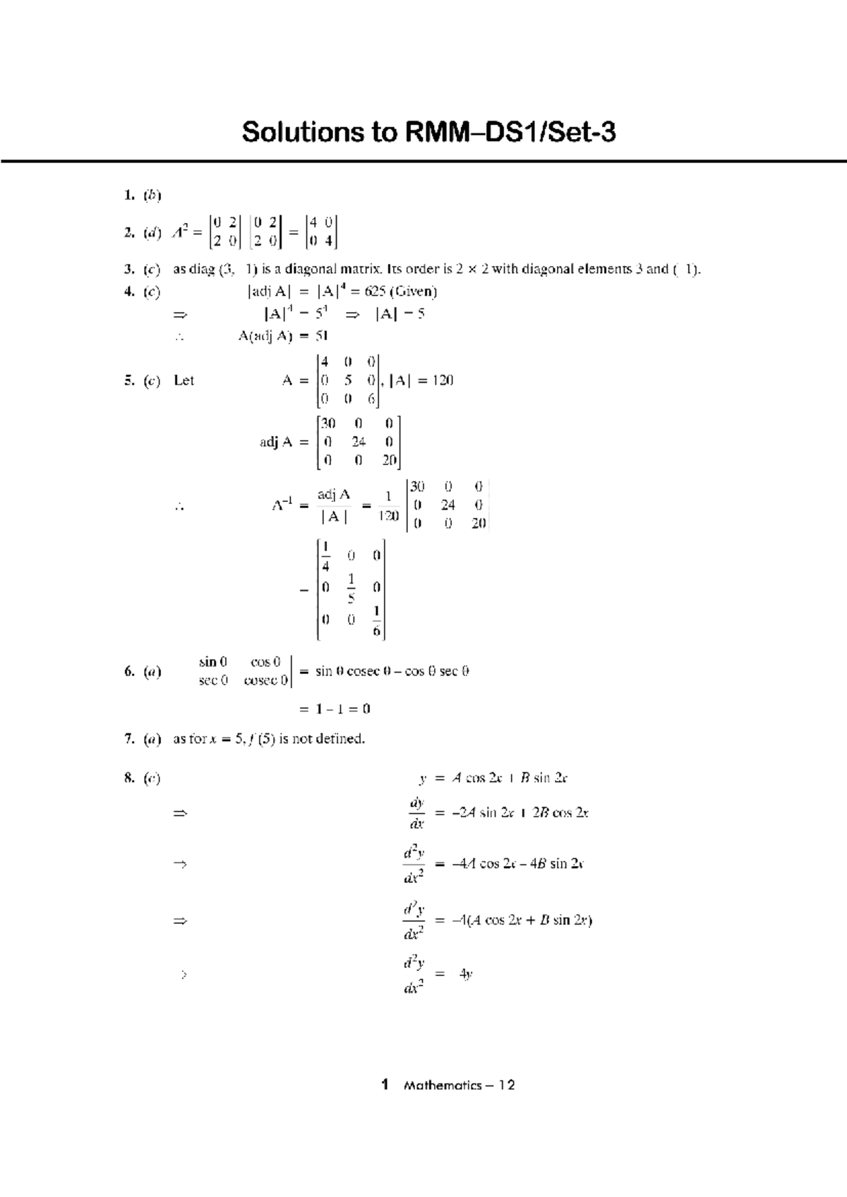 Mathematics 12 DS1 Set-3 Solutions: Detailed Answer Key - Studocu