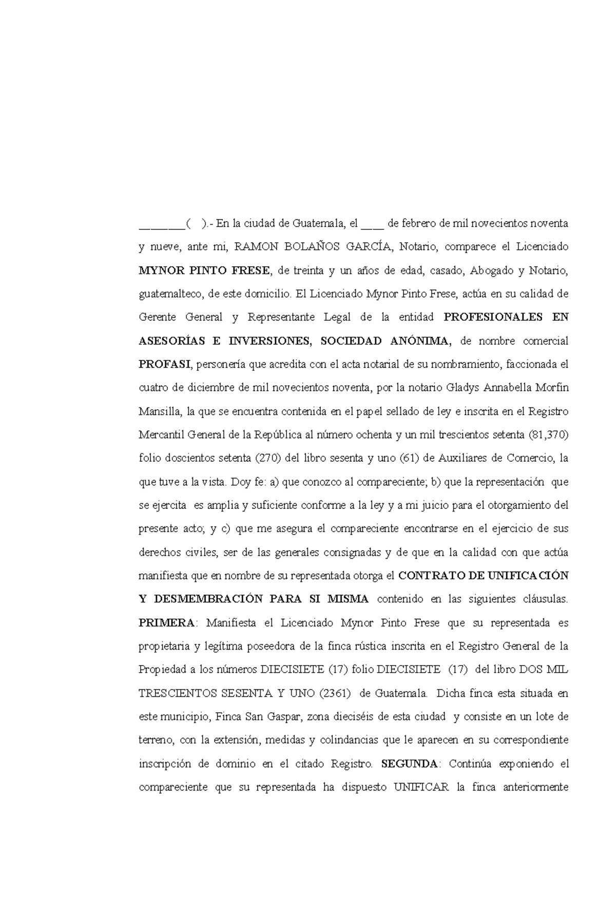 Contrato de Unificación y Desmembración - PROFASI - Studocu