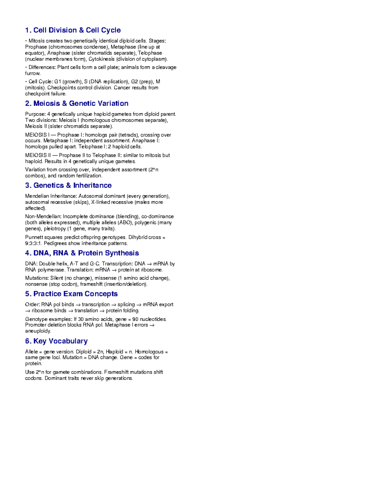 BIOL101 Cheat Sheet: Cell Division, Genetics, and Protein Synthesis ...