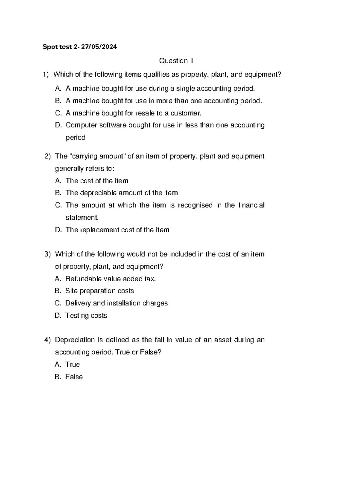 Spot Test 2 - Property, Plant, and Equipment Practice Questions - Studocu