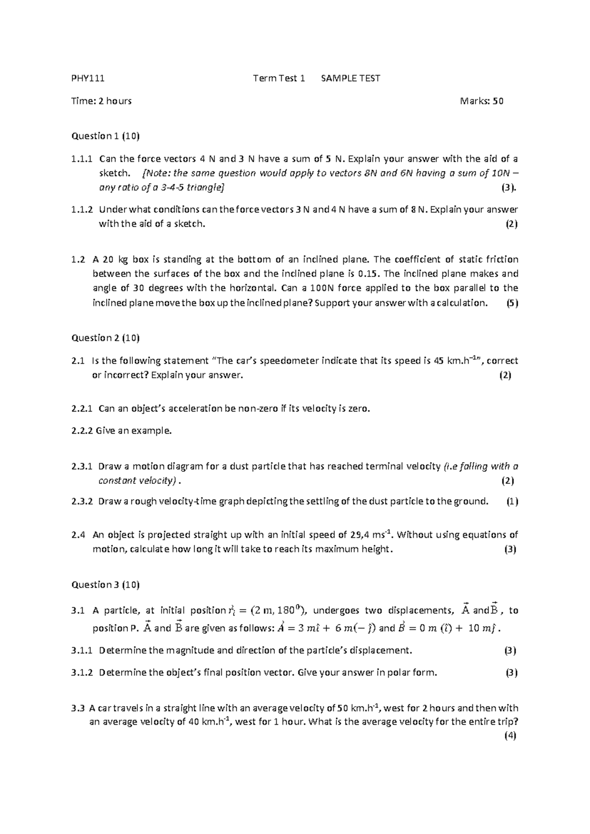 PHY111 Term Test 1 Sample Questions and Solutions - Studocu