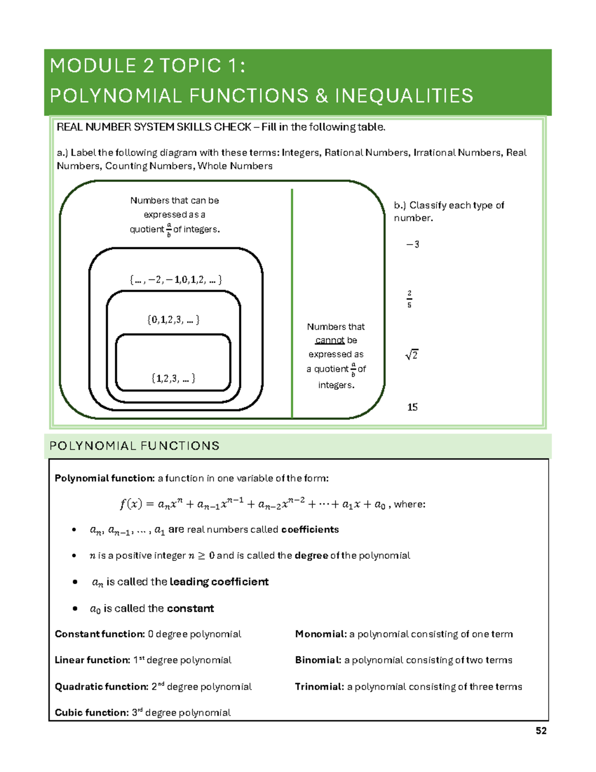 MODULE 2: POLYNOMIAL FUNCTIONS & INEQUALITIES SKILLS CHECK - Studocu