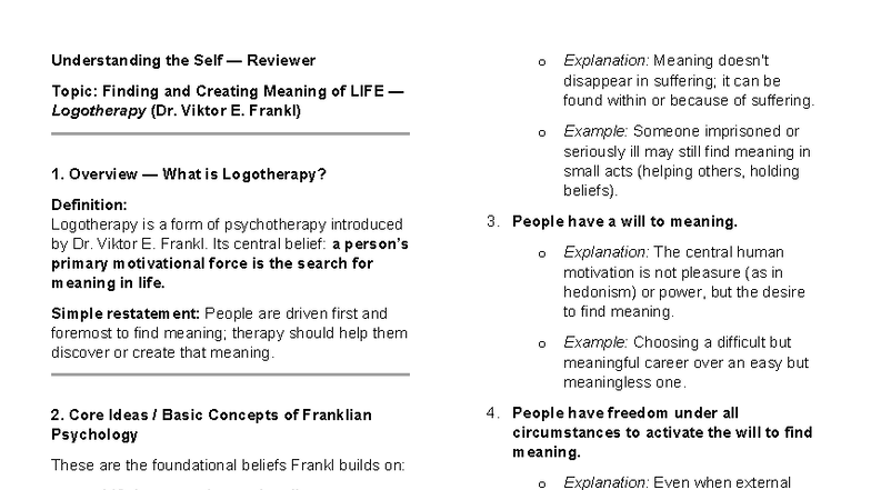 Logotherapy - Understanding Meaning in Life (Psych 101) - Studocu