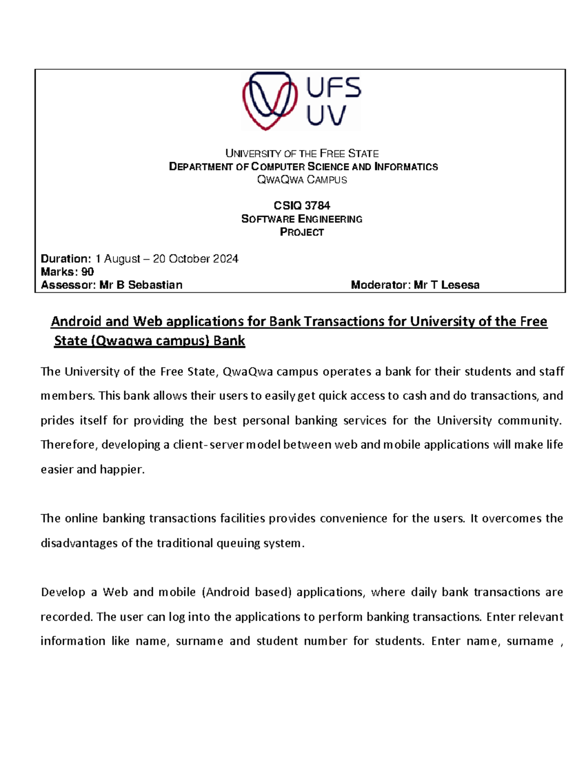 CSIQ3784 Software Engineering Project: Banking App Development 2024 ...