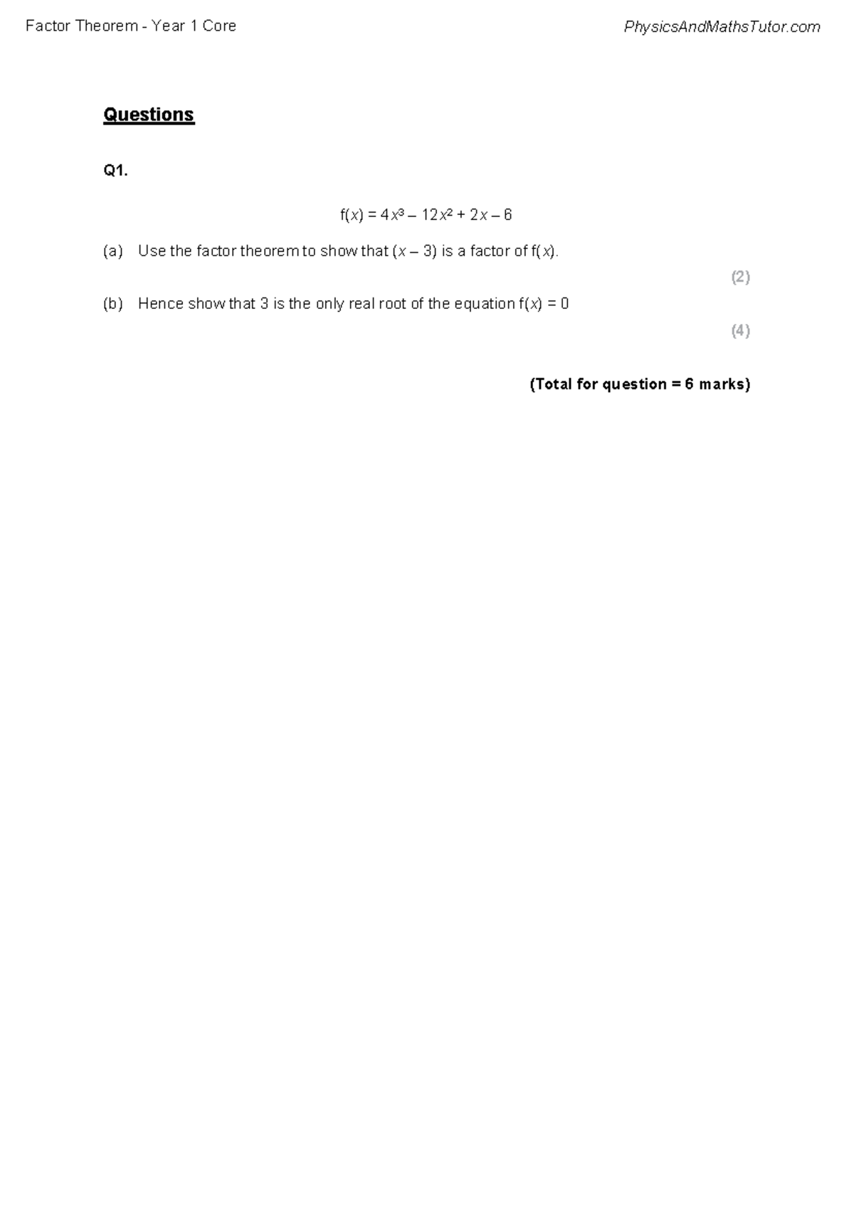 Factor Theorem - Exam Questions & Solutions (Course Code: MATH101 ...