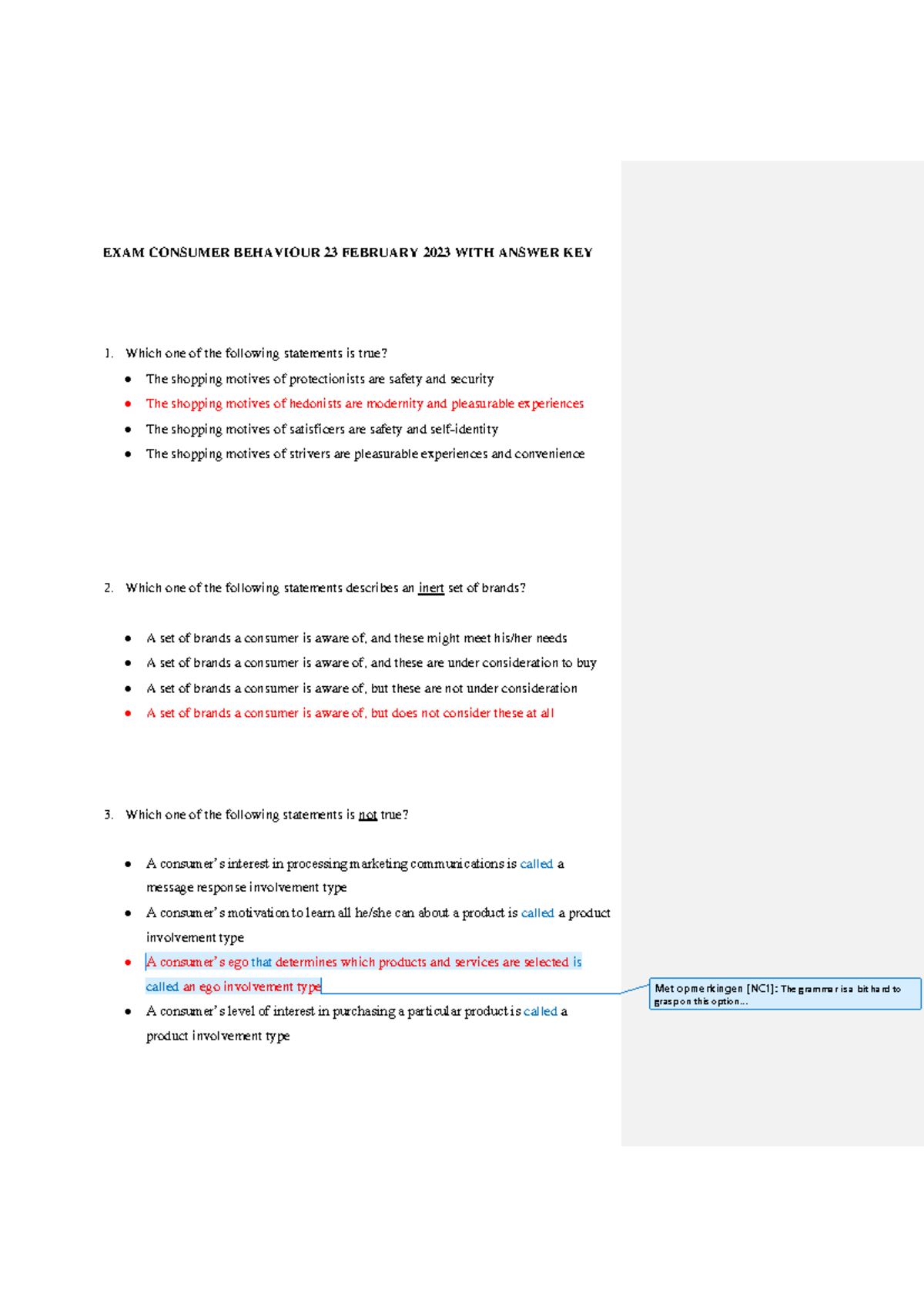 Consumer Behaviour Exam Questions & Answers KEY - 23 Feb 2023 - Studeersnel
