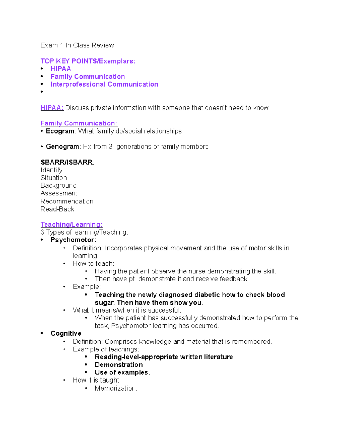 Exam1Class Review NUR 1025C - Exam 1 In Class Review **TOP KEY POINTS ...