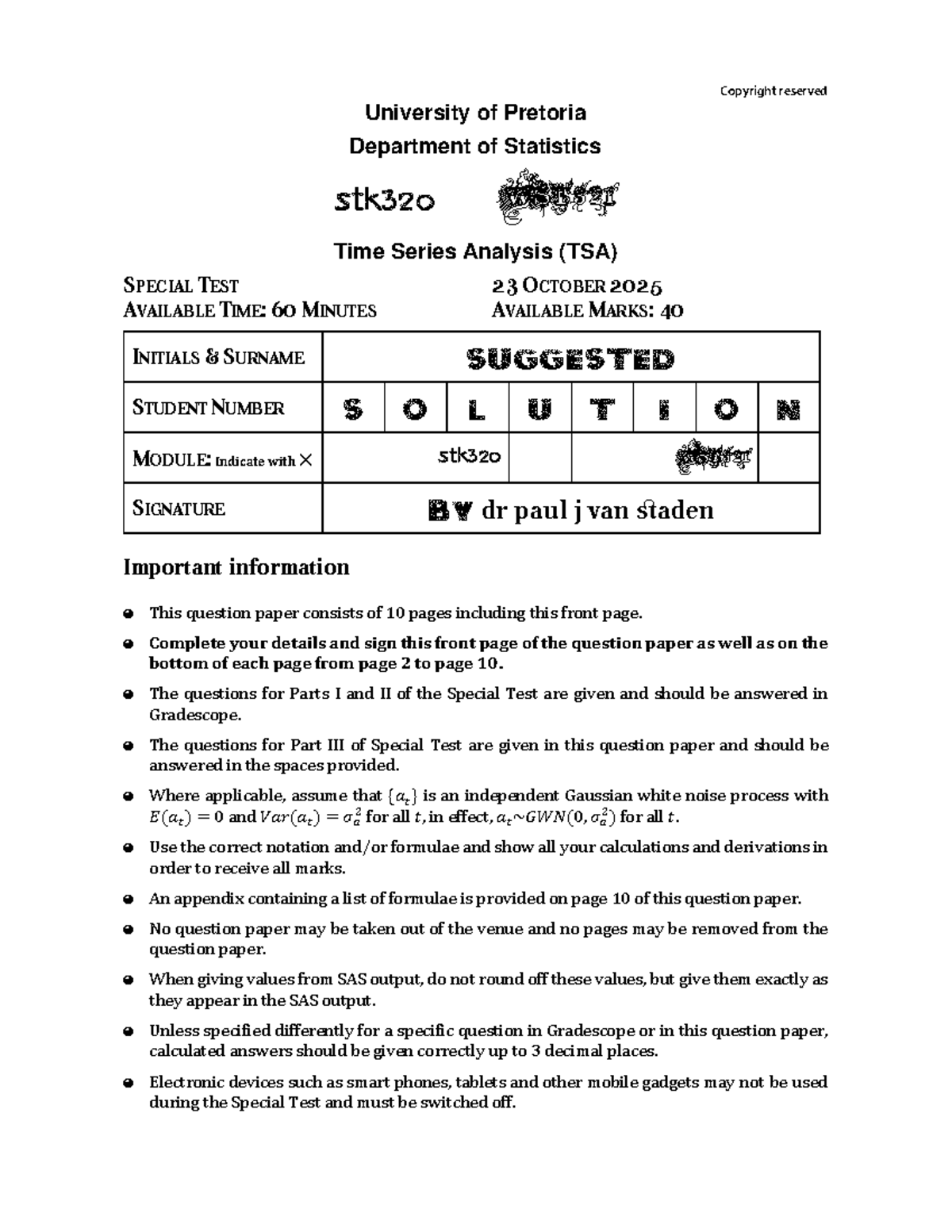 Time Series Analysis (TSA) Special Test Solutions WST321 Stk320 - Studocu