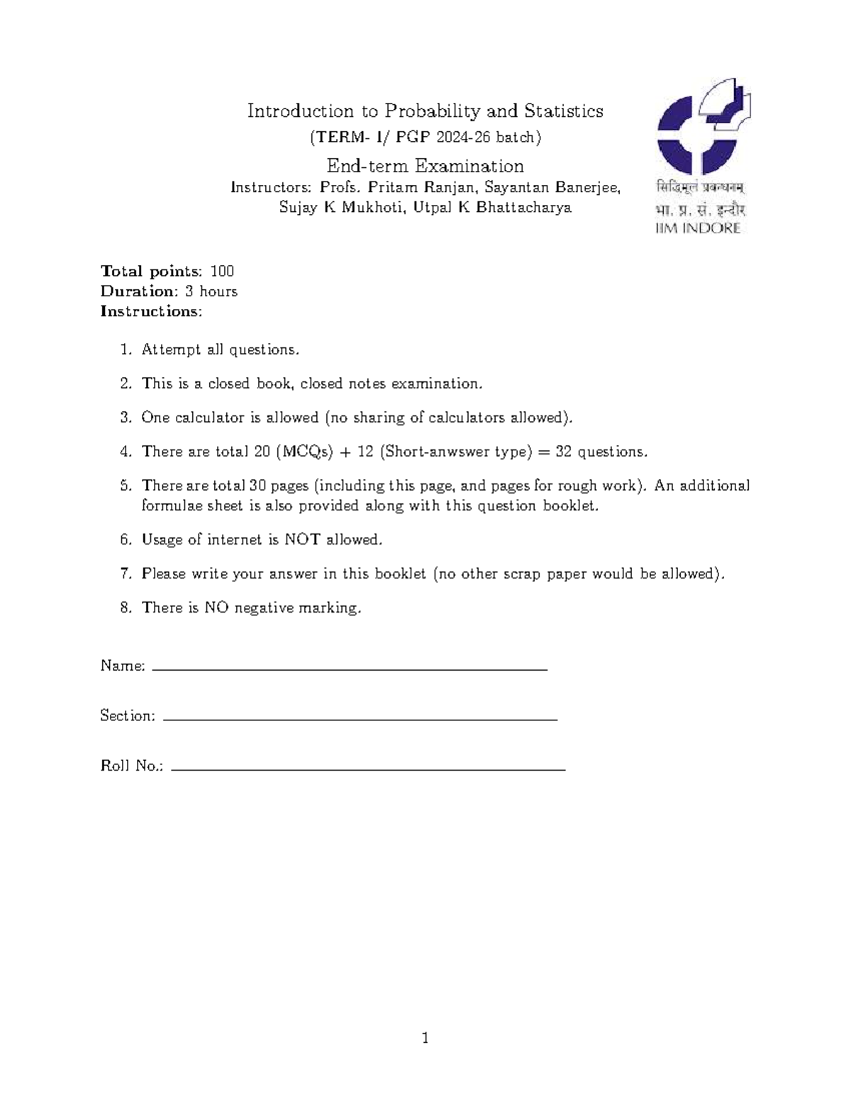 End-term Exam: Introduction to Probability and Statistics (PGP 2024-26 ...