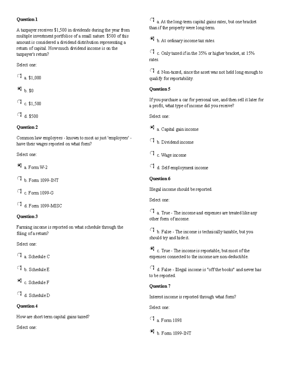2. Quiz - Income Explained - Question 1 A taxpayer receives $1,500 in ...