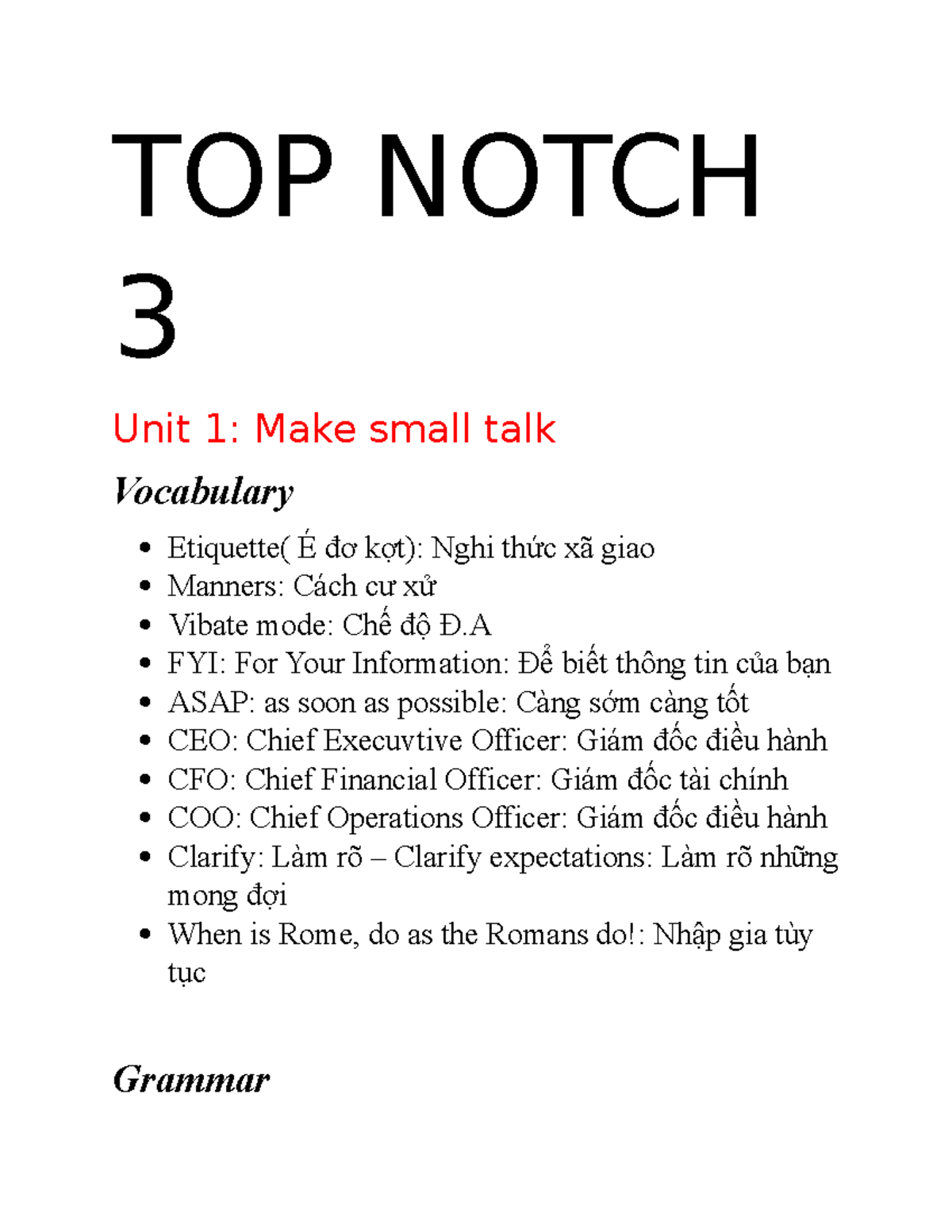 TOP Notch 3 Unit 1 & 2: Vocabulary & Grammar Essentials - Studocu